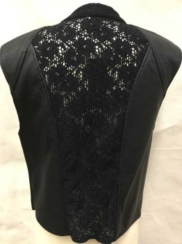 MATERIAL GIRL, Black, Faux Leather, Polyester, Solid, Floral, Black Pleather W/black Floral Lace Panel Front Center W/ Zipper Trim, Large Collar Attached Open W/1 Metal Snap, Open Front, 2 Slant Zipper Bottom, Black Leather W/matching Black Floral Lace Panel Back Center