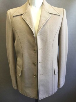 Mens, Blazer/Sport Co, N/L, Beige, Polyester, Solid, 40, Leisure Jacket, Diamond/Waffle Texture Polyester, Single Breasted, 4 Buttons, Notched Collar Attached, Dark Brown Topstitching, Lining is Beige with Mustard and Green Chain Link Pattern,