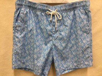 TROOPS OF TOMORROW, White, Teal Blue, Polyester, Rayon, Floral, Swim Shorts, White W/teal Blue Banana Leaves Print, 2" Elastic & White D-string W/waistband, 2 Slant Pockets Side Front  and 1 Back Pocket
