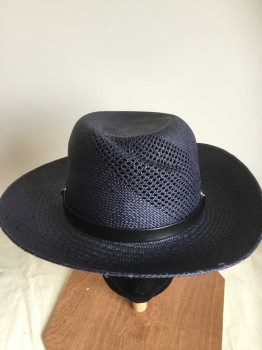 Womens, Straw Hat, RAG AND BONE, Navy Blue, Black, Straw, Leather, M/L, Good Clean Straw Hat with Simple Black Leather Band and Silver Hardware