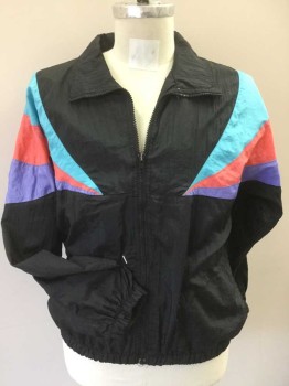 Mens, Windbreaker, G4000, Black, Nylon, Geometric, Abstract , S, W/teal Green, Orange, Purple Wedge Triangle at Chest, Upper Arms, Collar Attached, Zip Front, Long Sleeves, Gathered Elastic Hem,