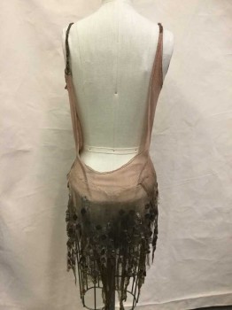 Womens, Sci-Fi/Fantasy Dress, N/L, Tan Brown, Gray, Olive Green, Metallic, Nylon, Beaded, S, Sheer Net, Sleeveless, Plunging V-neck, Lightly Padded/Molded Bust, Hem Mini,  Zig Zag Hem, W/Attached Olive Gauze/Aged Netting, Mother Of Pearl Square Beads, "Sexy Slave Girl"