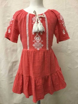 Childrens, Dress, Stella & Sienna, Salmon Pink, Cream, Cotton, Polyester, Novelty Pattern, 7 Yr, Elastic Neck, Creme Robe Bow, Creme Novelty Embroidery, Elastic Waist With Self Tie, Short Sleeve,