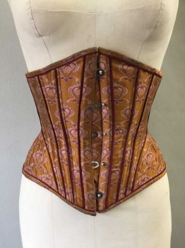 Womens, Historical Fiction Corset, MTO, Orange, Red Burgundy, Pink, Silk, Cotton, Floral, Xs, Center Front Busk, Center Back Lacing, Burgundy Flat Piping In Seams, Quilted Hips