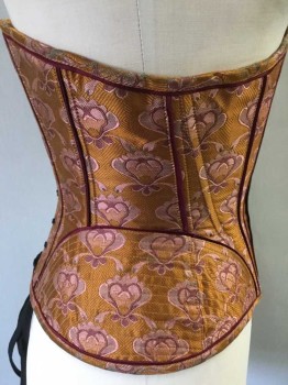 MTO, Orange, Red Burgundy, Pink, Silk, Cotton, Floral, Center Front Busk, Center Back Lacing, Burgundy Flat Piping In Seams, Quilted Hips