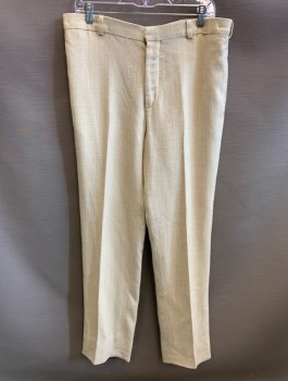 Mens, 1920s Vintage, Suit, Pants, N/L MTO, Cream, Wool, Herringbone, Ins:32, W:34, Made To Order, Flat Front, Button Fly, 3 Pockets, Belt Loops, Suspender Buttons at Inside Waistband