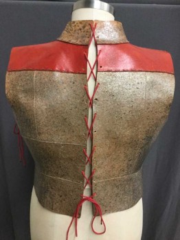 Mens, Historical Fict. Breastplate , MTO, Bronze Metallic, Red, Leather, Ch 42, Red Shoulders, Bronze/Black Splatter Paint Collar/Body, Red Side Laces, Red Stitching, Lace Up Center Back, Lined Holes In Front Shoulders