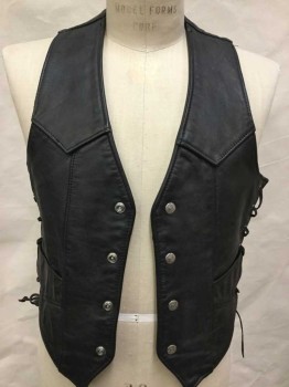Mens, Leather Vest, DURO JAC, Black, Leather, Solid, S, Black Aged, Brown Spray All Over, V-neck, Yoke Front & Back, Single Breasted, 4 Silver Snap Front, 2 Pockets W/flap Seams, Black Wang Leather Side Lacing