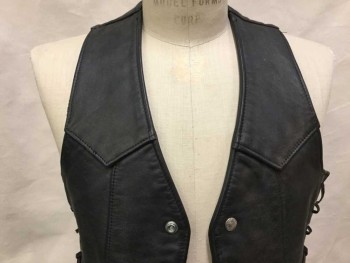 Mens, Leather Vest, DURO JAC, Black, Leather, Solid, S, Black Aged, Brown Spray All Over, V-neck, Yoke Front & Back, Single Breasted, 4 Silver Snap Front, 2 Pockets W/flap Seams, Black Wang Leather Side Lacing