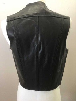 Mens, Leather Vest, LEATHER DEN, Black, Leather, Solid, 40, Open at Center Front with No Closures, No Lining, Inside Patch Pockets