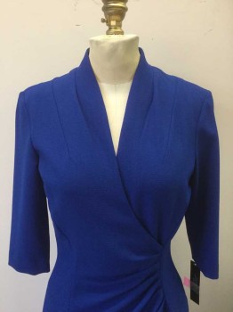 TAHARI, Royal Blue, Polyester, Spandex, Solid, Crepe, 3/4 Sleeves, Wrapped V-neck, with Gathered/Ruched Detail at Seam, Sheath Fit, Hem Below Knee, Invisible Zipper at Center Back