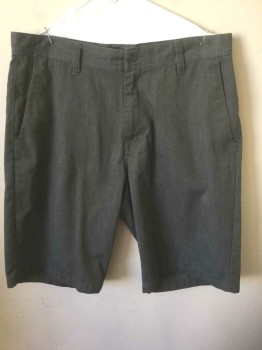 VOLCOM, Gray, Polyester, Cotton, Solid, Twill, Flat Front, Zip Fly, 4 Pockets, 11" Inseam