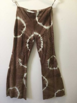 Womens, Leather Pants, PATRICIA VIERA, Brown, White, Suede, Tie-dye, Circles, W 27, Perforated Floral Pattern, Bell Bottoms, Side Zipper