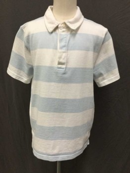 Childrens, Polo, CREWCUTS, Baby Blue, White, Cotton, Stripes - Horizontal , 10, Solid White Collar Attached, 3 Hidden Button Front, Short Sleeves,