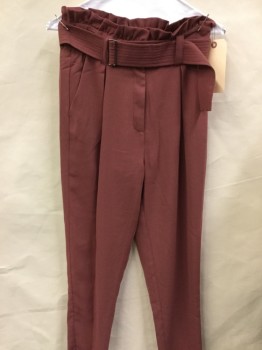 MOON RIVER, Rose Pink, Polyester, Solid, Single Pleat, Zip Front, Ruffle Topped Wide Waistband, Belt Loops, Matching Quilted Buckle Belt, 4 Pockets, Tapered