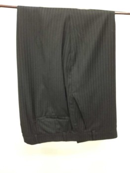 Mens, Suit, Pants, OSCAR, Black, White, Wool, Stripes - Pin, 44, Flat Front, Belt Loops,