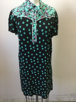 MAJE, Black, Mint Green, Red, Lilac Purple, Polyester, Floral, Polo Style, Collar Attached with Ruffle, White Piping on Yolk, and Placket, Knee Length