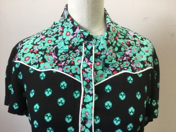 MAJE, Black, Mint Green, Red, Lilac Purple, Polyester, Floral, Polo Style, Collar Attached with Ruffle, White Piping on Yolk, and Placket, Knee Length