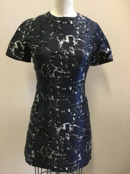 BALENCIAGA, Navy Blue, Black, White, Cotton, Polyester, Abstract , Abstract Cracked Pattern, Short Sleeves, Mini Skirt, Zip Back