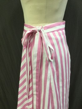 LUCY PARIS, White, Pink, Synthetic, Stripes, Faux Wrap Style Skirt with Zipper Opening at Left Waist Seam with Faux Tie at Waist. Vertical Striped Skirt with Horizontal Self Stripe Hemline