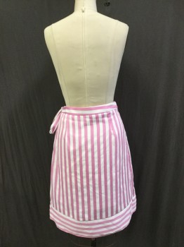 LUCY PARIS, White, Pink, Synthetic, Stripes, Faux Wrap Style Skirt with Zipper Opening at Left Waist Seam with Faux Tie at Waist. Vertical Striped Skirt with Horizontal Self Stripe Hemline
