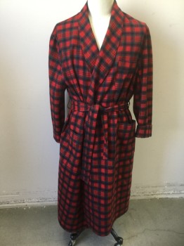 N/L, Red, Navy Blue, Forest Green, Wool, Plaid, Long Sleeves, Shawl Lapel, 3 Patch Pockets, Solid Burgundy Lining, **2 Piece with Matching Fabric Sash BELT