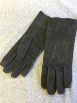 Womens, Gloves 1890s-1910s, NL, Black, Leather, Solid, Suede Wrist Length Western, Triple Piping Line at Top of Hand,