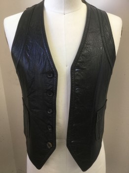 CORDOVAN, Black, Leather, Solid, Button Front, 2 Pockets, Adjustable Back Belt