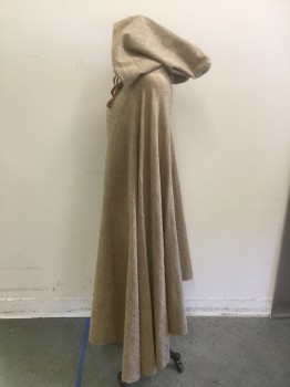 Womens, Historical Fiction Cape, MTO, Beige, Tan Brown, Cotton, 2 Color Weave, Size, No , Made To Order, Slub Texture, Suede Ties at Neck, Hood, Narrow Finished Hem,