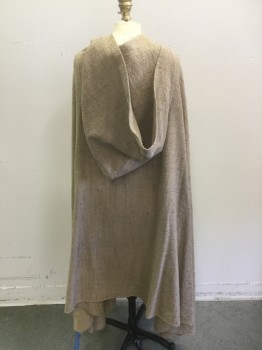 Womens, Historical Fiction Cape, MTO, Beige, Tan Brown, Cotton, 2 Color Weave, Size, No , Made To Order, Slub Texture, Suede Ties at Neck, Hood, Narrow Finished Hem,