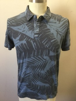 GAP LIVED-IN, Slate Blue, Midnight Blue, Gray, Cotton, Tropical , Leaves/Vines , Dusty Slate Blue with Midnight/Gray Tropical Palm Fronds Pattern, Jersey, Short Sleeves, Collar Attached, 2 Button Front