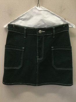 FOREVER 21, Dk Green, Cotton, Solid, Dark Green with White Stitching, Zip Fly, 2 Wraparound Patch Pockets, Belt Loops