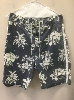 ABERCROMBIE & FITCH, Navy Blue, White, Cotton, Nylon, Hawaiian Print, Tropical , Navy with White Hawaiian Palm Trees, Hibiscus Leaves, Etc, Gray Cord Lace Up and Velcro Closures at Center Front Waist, White Outseam Stripe, 10" Inseam