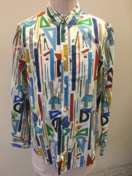 PAUL SMITH, Multi-color, Cotton, Novelty Pattern, Boys, Off White with Multicolor Rulers, Protractors, and Other Office/School Supplies (Pencils, Scissors, Etc) Pattern, Long Sleeve Button Front, Collar Attached, Solid Navy Stretch Jersey Added at Sides