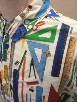 PAUL SMITH, Multi-color, Cotton, Novelty Pattern, Boys, Off White with Multicolor Rulers, Protractors, and Other Office/School Supplies (Pencils, Scissors, Etc) Pattern, Long Sleeve Button Front, Collar Attached, Solid Navy Stretch Jersey Added at Sides
