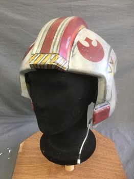 Unisex, Sci-Fi/Fantasy Helmet, N/L, Gray, Red, Black, Yellow, Fiberglass, Abstract , Costume Helmet of "Star Wars" Tie Fighter, Gray with Red and Yellow Abstract Shapes, Mic Cord Attached at Face Opening