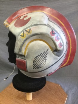 Unisex, Sci-Fi/Fantasy Helmet, N/L, Gray, Red, Black, Yellow, Fiberglass, Abstract , Costume Helmet of "Star Wars" Tie Fighter, Gray with Red and Yellow Abstract Shapes, Mic Cord Attached at Face Opening