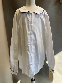Childrens, Blouse, BECKY THATCHER, White, Navy Blue, Poly/Cotton, Solid, 16, Long Sleeves, Button Front, Rounded Collar, Navy Piping Trim
