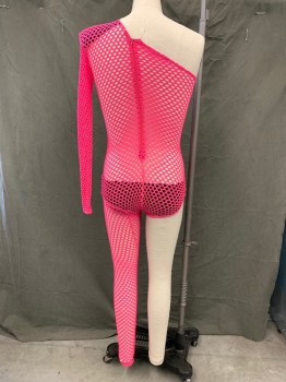 Unisex, Sci-Fi/Fantasy Jumpsuit, FIELD, Hot Pink, Polyester, Spandex, Solid, S, Stretch Netting, Zip Back, One Open Shoulder, 1 Left Sleeve with Shoulder Pad, 1 Right Leg (photographed with Left Leg), Black Underwear Lining, Multiples