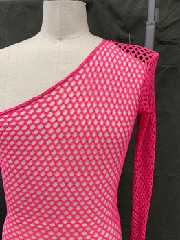Unisex, Sci-Fi/Fantasy Jumpsuit, FIELD, Hot Pink, Polyester, Spandex, Solid, S, Stretch Netting, Zip Back, One Open Shoulder, 1 Left Sleeve with Shoulder Pad, 1 Right Leg (photographed with Left Leg), Black Underwear Lining, Multiples