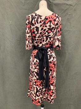TEMPERLEY, Pink, Black, Cream, Silk, Floral, Abstract , Surplice Wrap Top, Pleated at Yoke, Flutter Sleeve, Stretch, Hem Below Knee, Solid Black Attached Wrap Belt