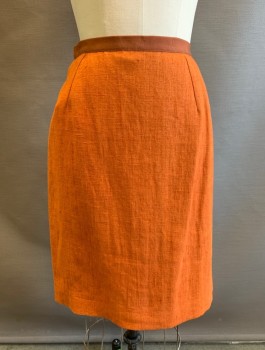 DOLCE & GABBANA, Burnt Orange, Linen, Cupro, Solid, 1" Wide Rust Waistband, Pencil Fit, Darts at Waist, Invisible Zipper at Center Back with Inverted Seam Allowance, Lining is Leopard Print, High End/Designer Item