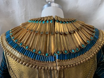 Mens, Historical Fiction Piece 2, MTO, Gold, Turquoise Blue, Teal Blue, Plastic, OS, Collar, Layered Gold Metallic Layers, Turquoise Stones, Teal Blue Cylinder Beads, Owl at Center, Velcro Back