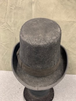 Mens, Historical Fiction Hat , MTO/ M.B.A. LTD, Black, Wool, Solid, 7 1/4, Top Hat, 1.5" Wide Suede Band, Faille Edging at Brim, 5 3/4" Narrow Crown, Rolled Side Brim, *Wool Worn In*