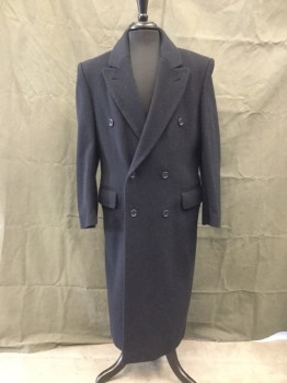 GOWING BROS, Navy Blue, Wool, Cashmere, Solid, Double Breasted, Collar Attached, Peaked Lapel, 2 Pockets, Long Sleeves, Calf Length, Center Back Slit