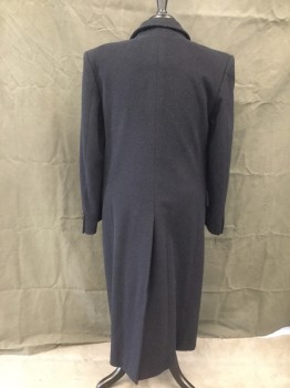 GOWING BROS, Navy Blue, Wool, Cashmere, Solid, Double Breasted, Collar Attached, Peaked Lapel, 2 Pockets, Long Sleeves, Calf Length, Center Back Slit