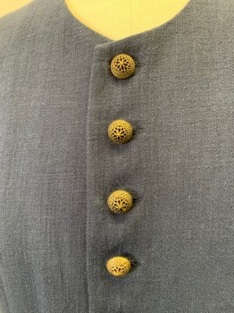 N/L, Navy Blue, Wool, Silk, Solid, Mens Long 1700's Vest, 10 Filigree Gold Buttons at Center Front, 2 Pockets with Button Down Flaps at Front, Slit at Center Back Waist