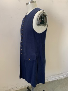 Mens, Historical Fiction Vest, N/L, Navy Blue, Wool, Silk, Solid, Ch42, Mens Long 1700's Vest, 10 Filigree Gold Buttons at Center Front, 2 Pockets with Button Down Flaps at Front, Slit at Center Back Waist