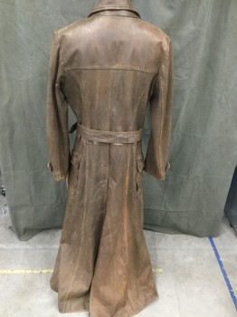 Mens, Coat, Leather, NO LABEL, Brown, Leather, Cotton, Solid, 38, with  Matching BELT, Extra Long, Floor Length. Faded , Aged,  2  Patch Pockets, with Flaps, Double Breasted, Peaked Lapel, with Welted  Button Holes,  Cuff Epaulets,  with Button