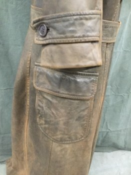 Mens, Coat, Leather, NO LABEL, Brown, Leather, Cotton, Solid, 38, with  Matching BELT, Extra Long, Floor Length. Faded , Aged,  2  Patch Pockets, with Flaps, Double Breasted, Peaked Lapel, with Welted  Button Holes,  Cuff Epaulets,  with Button